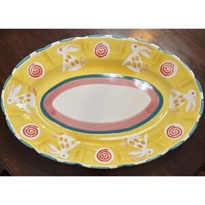 Ceramic Arte Bello Serving Platter Folk Art Mexico Bunny Rabbit Yellow Vtg Large